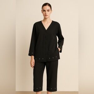 DUE per DUE Vintage Womens Button-up Top Pants Set 100% Silk Black Boho Casual